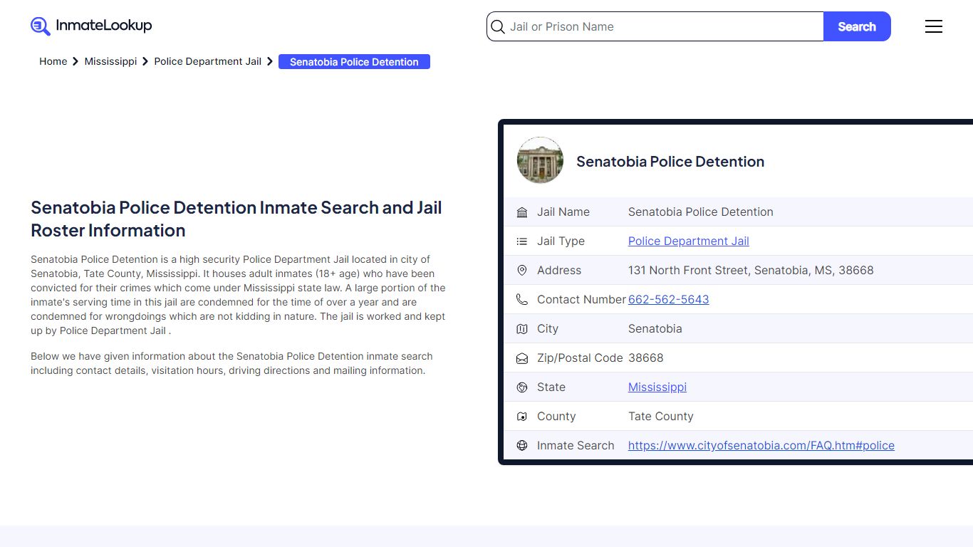 Senatobia Police Detention Inmate Search and Jail ... - Inmate Lookup